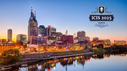 Nashville city skyline at sunset with river reflection and ICIS 2025 conference logo.